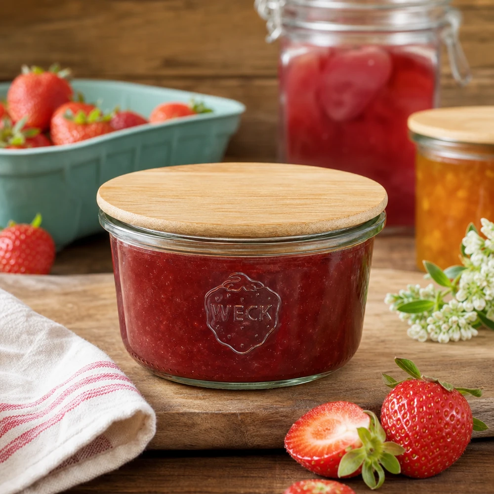Copos de vidro WECK RR80 de 165 ml com tampa de madeira Frasco de conserva WECK RR80 com compota de morango e tampa de bambu num cenário de cozinha rústica com fruta fresca