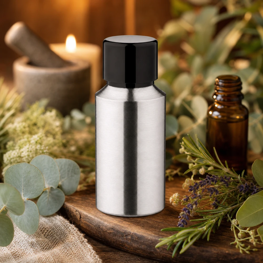 30ml geschliffene Aluflasche mit Schraubkappe Frasco de alumínio prateado polido de 30 ml para óleos essenciais e aplicações de aromaterapia