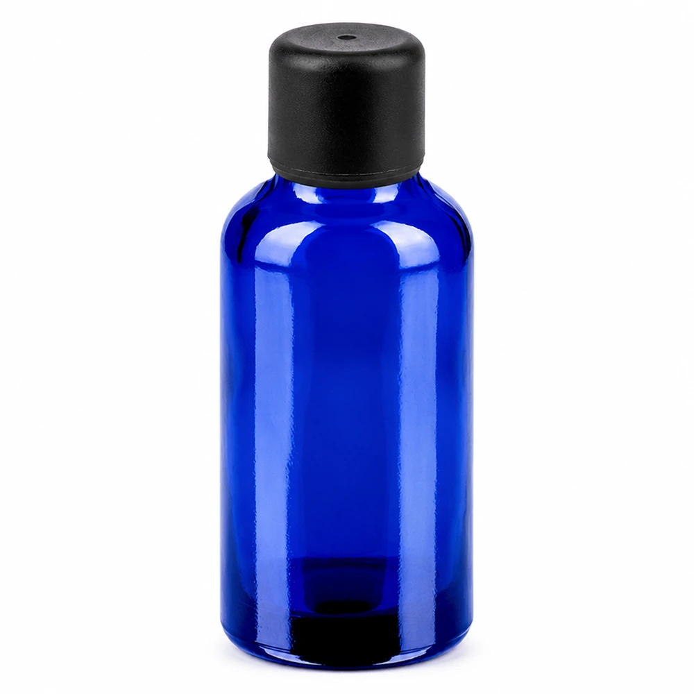 Frasco de 30ml com tampa de rosca de 6mm preta Standard BlueLine UT18/30 Frasco de vidro azul de 30 ml com tampa preta para óleos essenciais e cosméticos