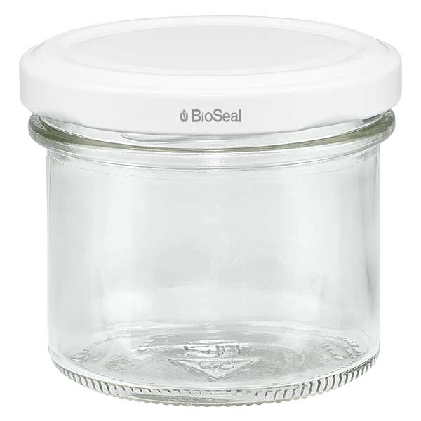 Copos de vidro de 125 ml com tampa BioSeal branca UNiTWIST