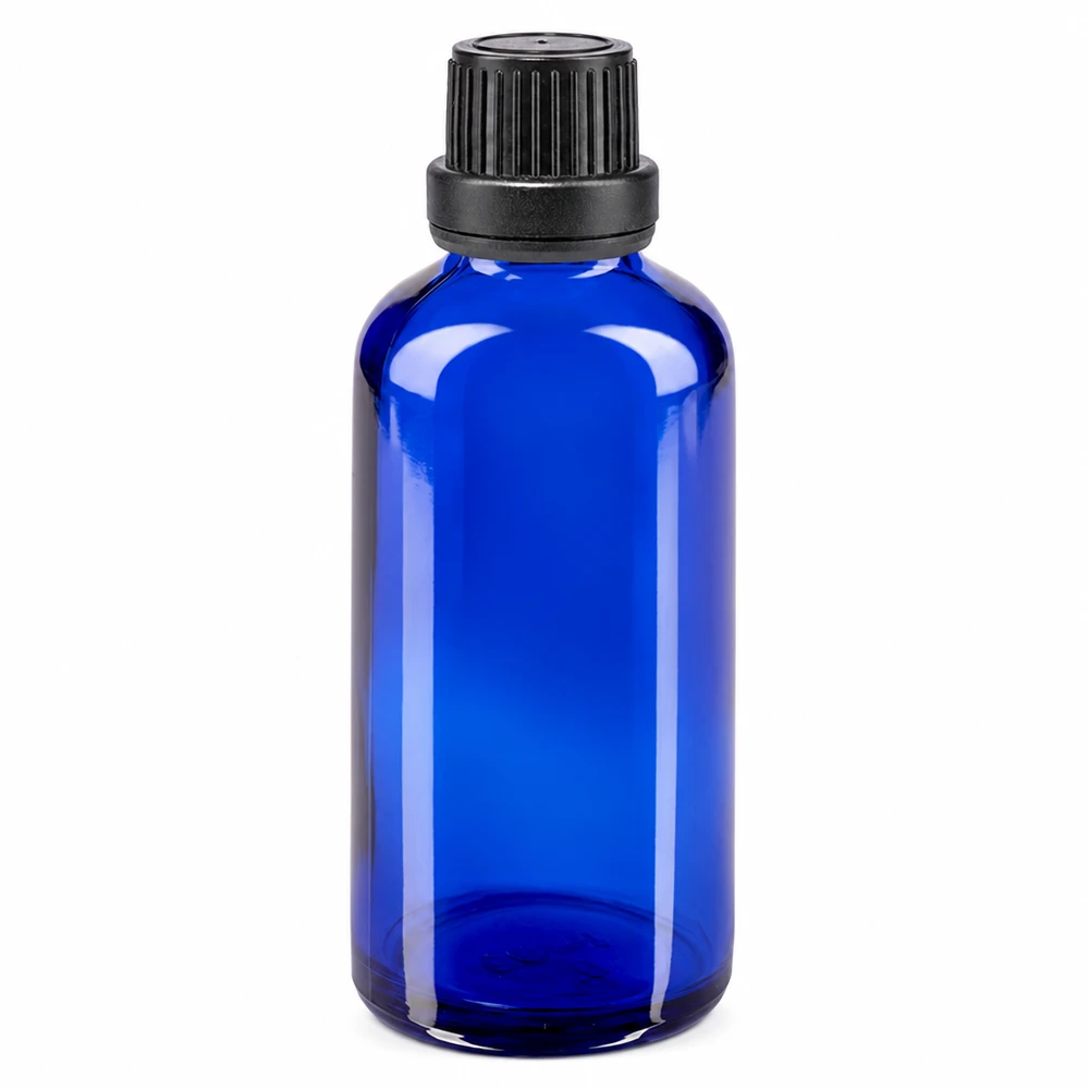 Frasco de vidro azul de 50 ml com tampa de segurança preta e aplicador conta-gotas de 2 mm em vidro de farmácia