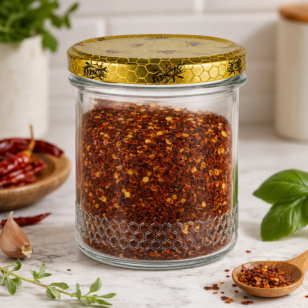 Frasco de mel de 400 ml cheio de mistura de especiarias para malagueta, tampa em forma de favo de mel, cenário de cozinha com ervas e colher de pau