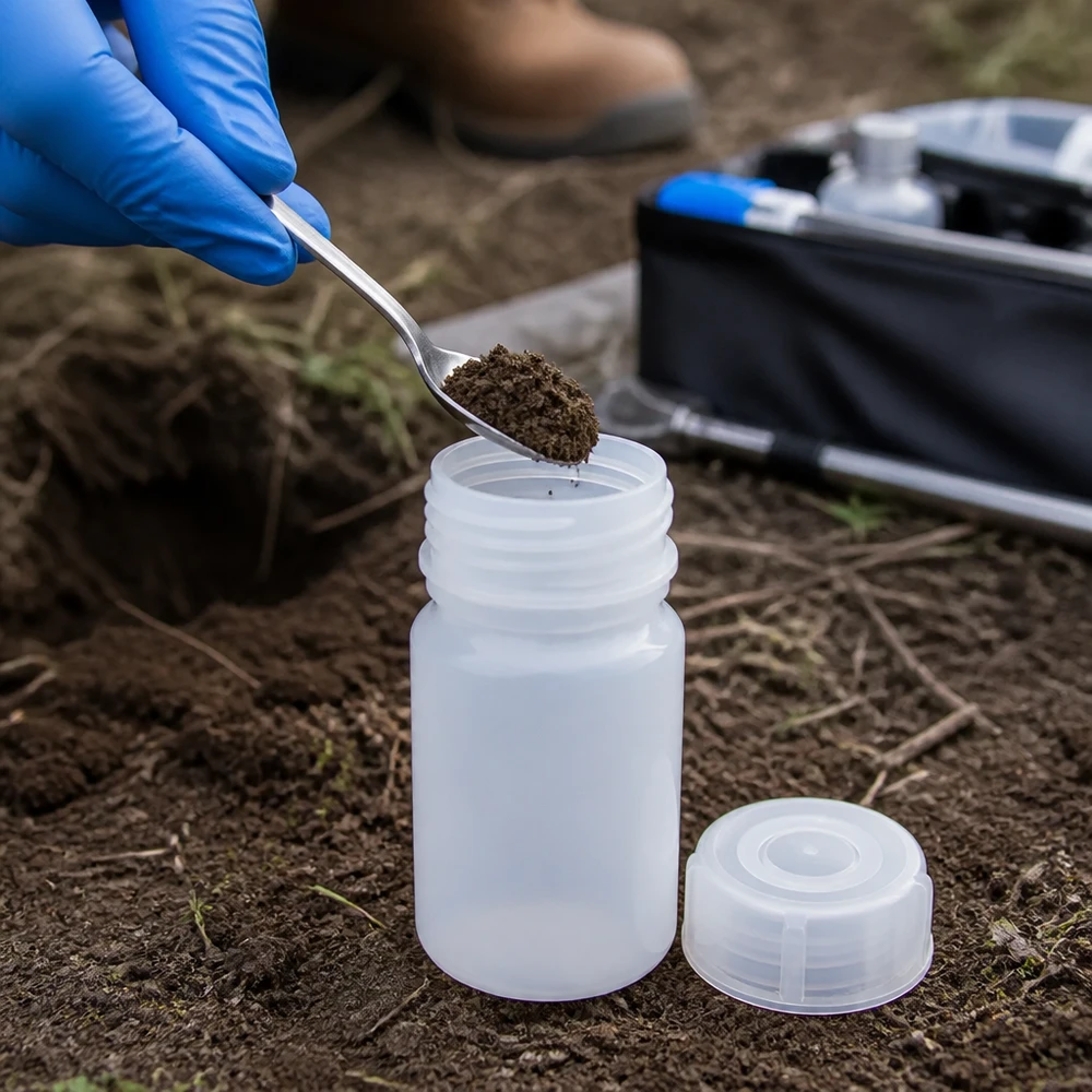 A amostra de solo é colocada, com uma colher de metal, num frasco de laboratório transparente de 50 ml de gargalo largo