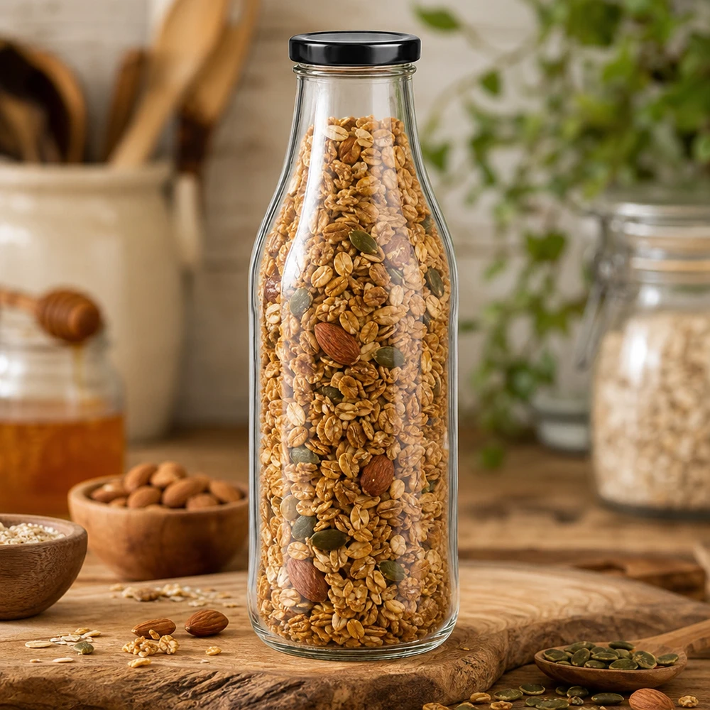 Garrafa de vidro de 1000 ml + tampa BasicSeal preta UNiTWIST Garrafa de vidro de 1000 ml com tampa preta cheia de muesli e mistura de nozes para guardar alimentos