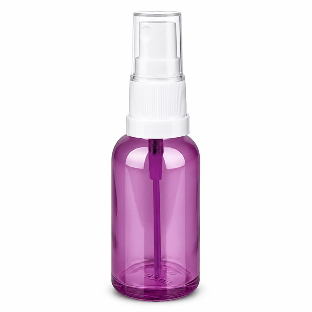 Frasco de spray de 30 ml branco/transparente Standard PurpleLine UT18/30 Frasco pulverizador de 30 ml transparente púrpura com bomba pulverizadora branca para cosméticos e produtos de cuidado