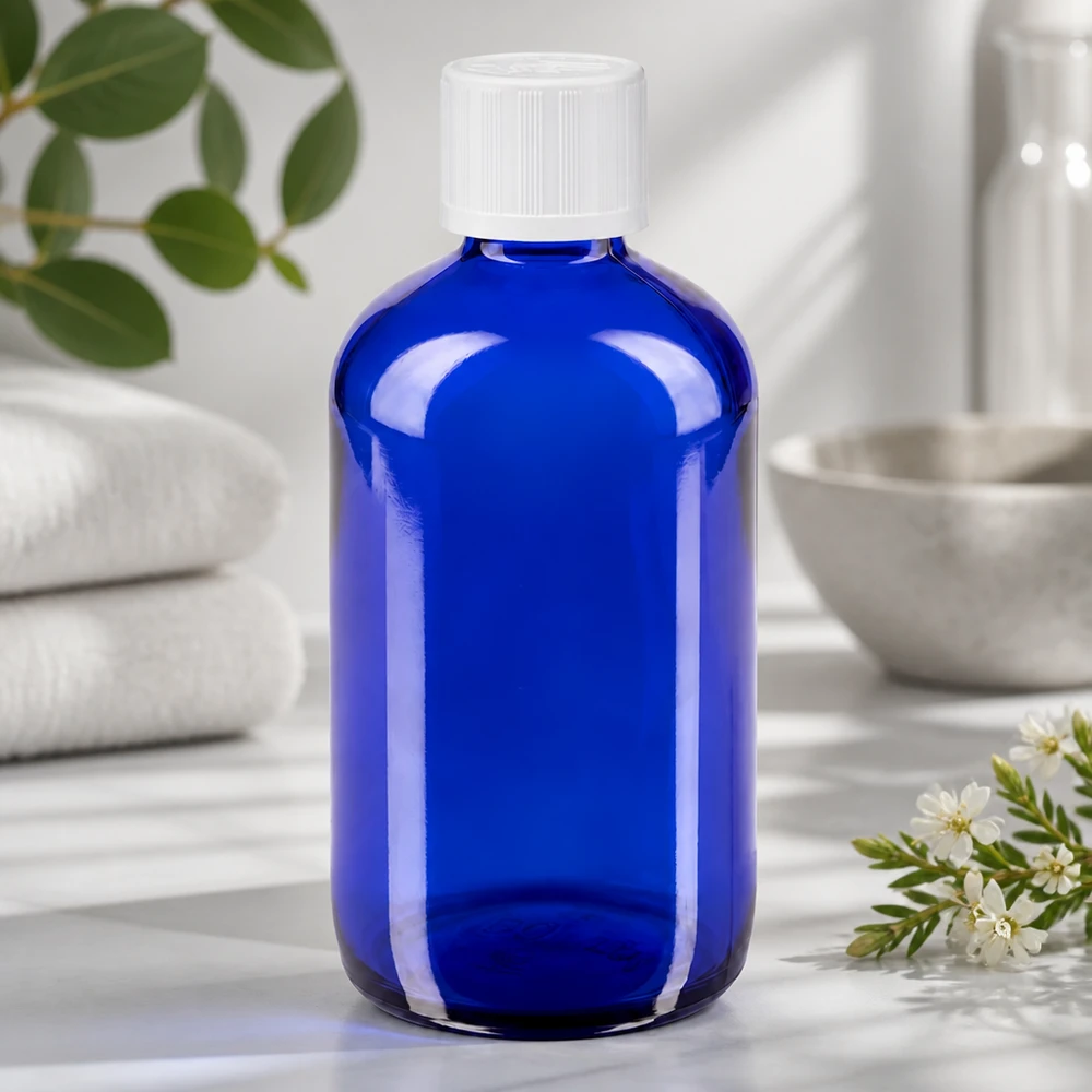 Frasco de vidro azul transparente de 100 ml com tampa de segurança para crianças branca e conta-gotas de 1,2 mm