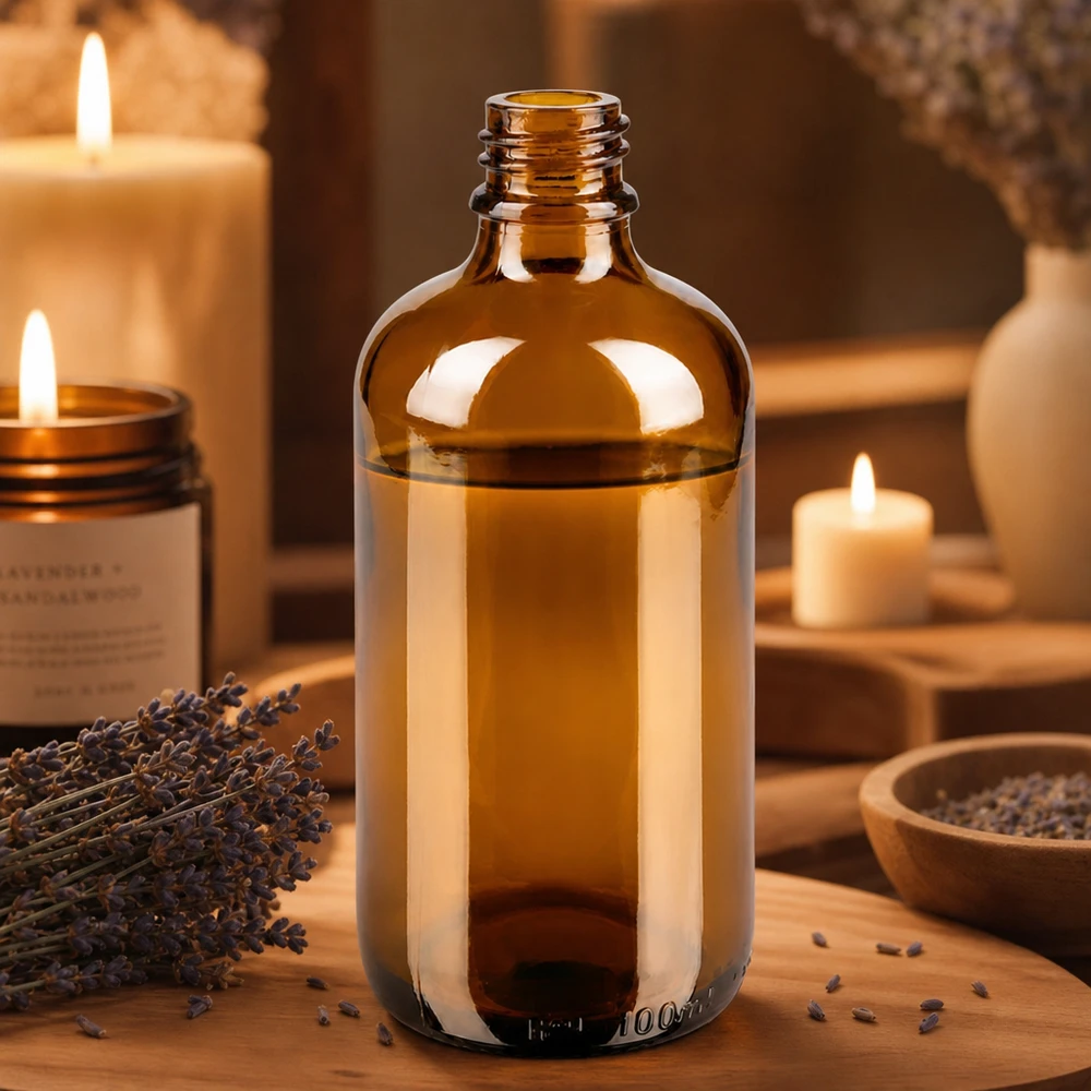 Frasco conta-gotas de 100 ml DIN 18 em vidro âmbar Frasco de boticário ApoGlas castanho de 100 ml com aromaterapia de lavanda e velas num ambiente acolhedor sobre madeira
