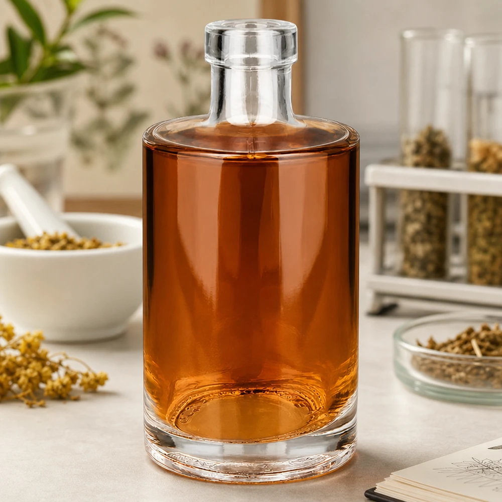 350ml Glasflasche "Marie" ohne Verschluss UNiTWIST Garrafa de vidro de 350 ml de Marie com conteúdo de cor âmbar na bancada da cozinha entre as especiarias e as ervas aromáticas Imagem 5 de 10