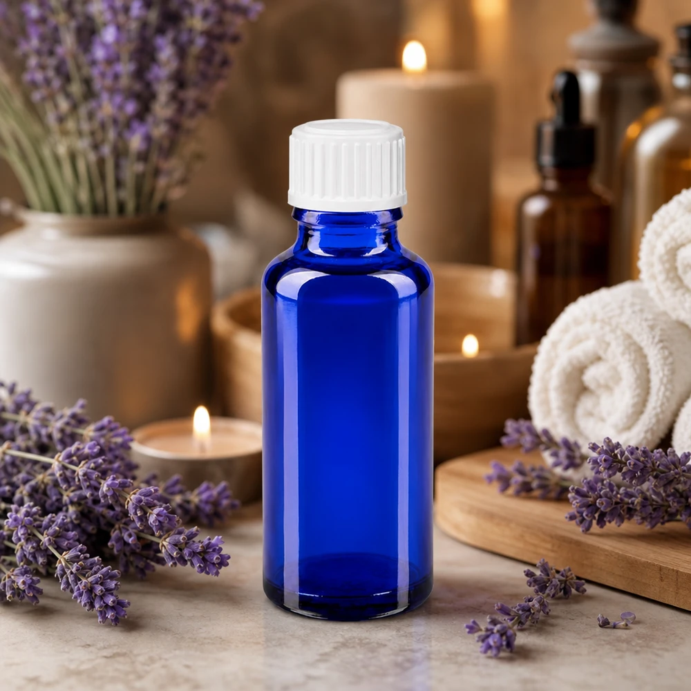 Frasco de vidro azul de 30 ml com tampa de segurança para crianças branca, para óleos essenciais