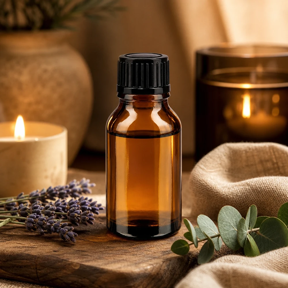 Frasco de proteção contra a luz de 15 ml em vidro castanho com tampa conta-gotas preta, sobre fundo de madeira com lavanda