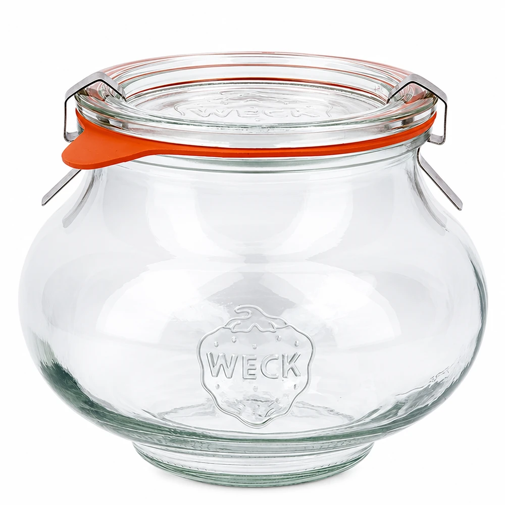 Frasco para jóias WECK 560ml com tampa de vidro e anel de borracha, forma bulbosa, frasco de conserva com tampa basculante RR80