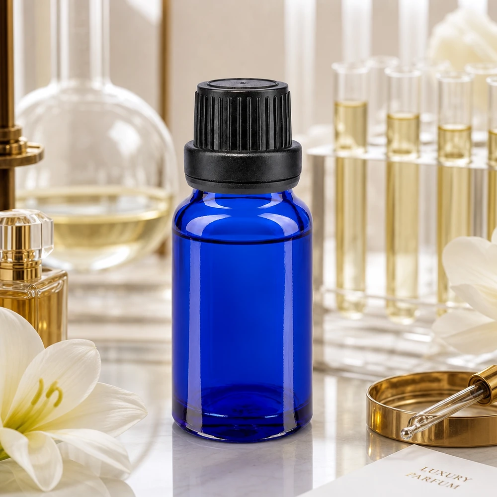 Frasco de farmácia de 10 ml, azul, com tampa de segurança preta e um fino aplicador de gotas de 2 mm para óleos