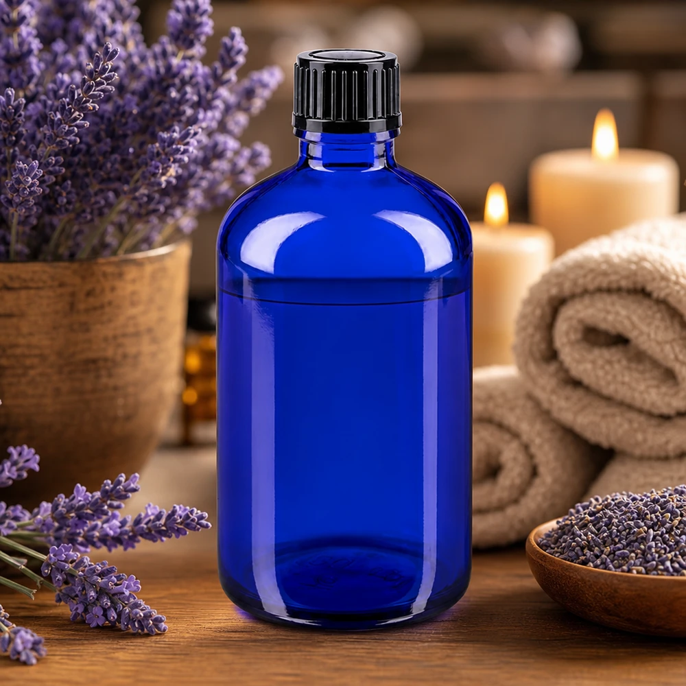 Frasco de vidro azul de 100 ml com tampa preta, rodeado por lavanda e velas