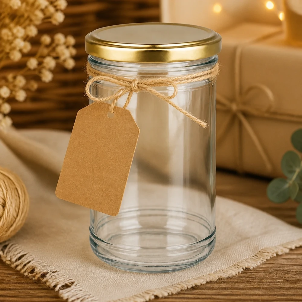 Copos de 1053 ml decorados com uma tampa BasicSeal dourada e rótulo de papel kraft como embalagem de oferta DIY