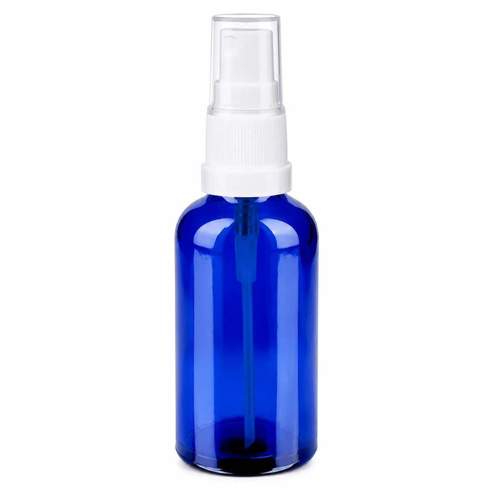 Frasco de spray de vidro azul de 50 ml com cabeça de spray branca para cosméticos e óleos essenciais