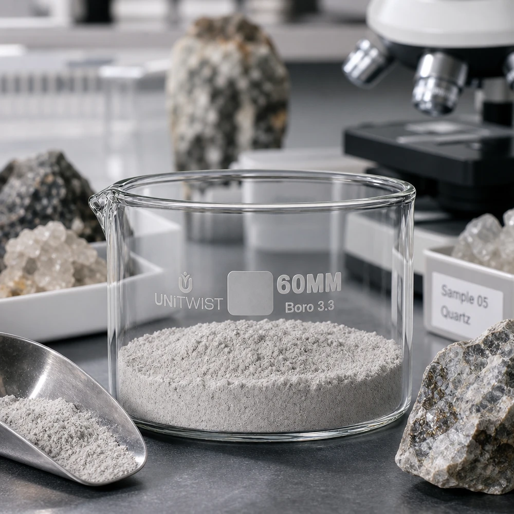 Bacete de cristalização UNiTWIST de 60 mm com pó mineral cinzento sobre uma mesa de laboratório, rodeado por amostras de rocha