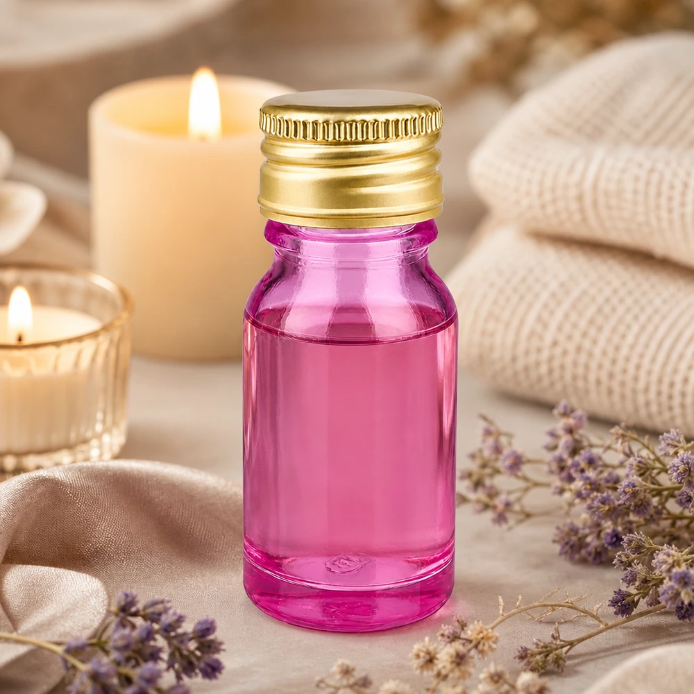 Frasco de 10 ml de alta qualidade com tampa dourada texturada e vidro roxo para produtos cosméticos de qualidade superior