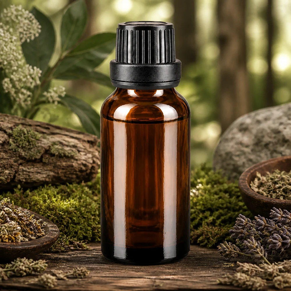 Frasco de farmácia castanho 20ml tampa conta-gotas anel de vazamento 2mm preto fecho inviolável Pequeno frasco de vidro castanho de 20 ml com tampa conta-gotas preta, sobre um fundo de musgo e ervas num ambiente florestal