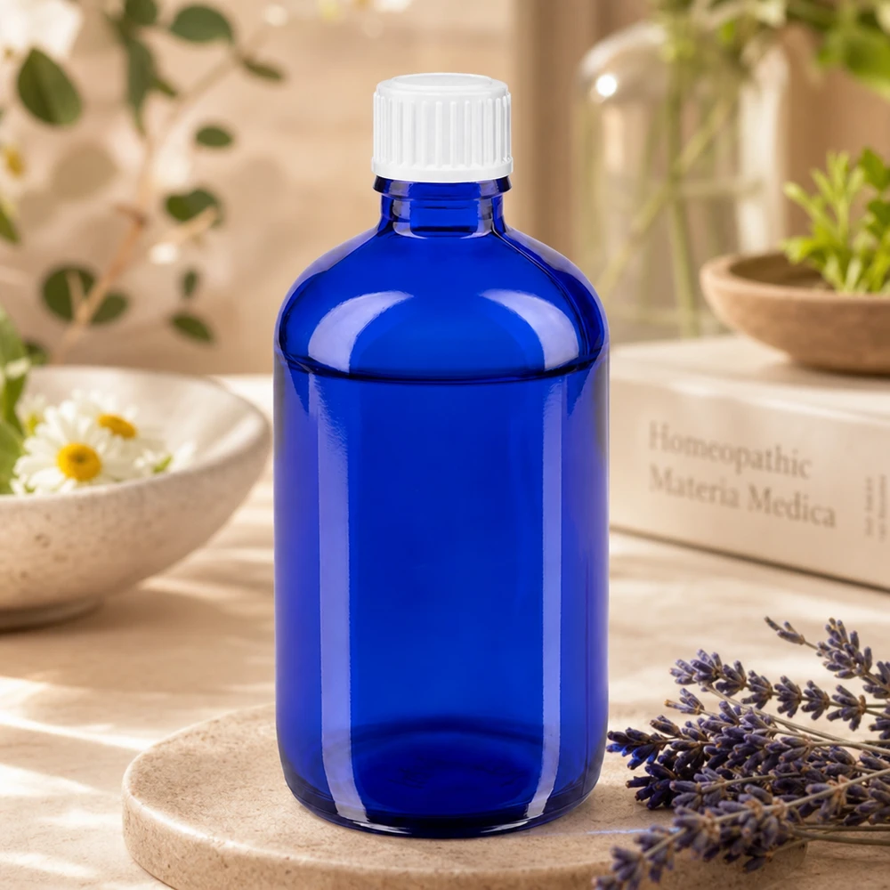 Frasco de farmácia azul 100ml tampa de rosca branca standard Frasco de vidro azul de 100 ml com tampa branca ao lado de lavanda e de um livro sobre homeopatia