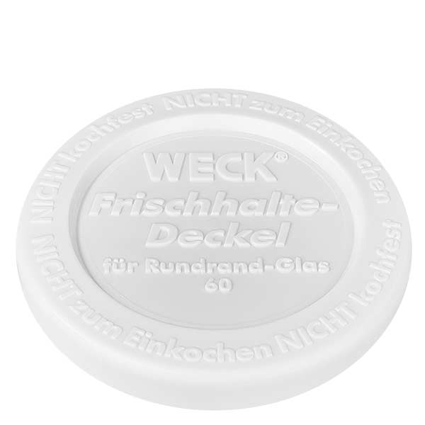 340ml Zylinderglas mit Frischedeckel WECK RR60 Tampa de frescura WECK branca RR60 para frasco cilíndrico de 340 ml Grande plano da tampa com logótipo e letras em relevo
