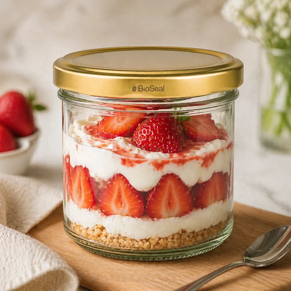 Copos de vidro de 125 ml com tampa dourada UNiTWIST BioSeal UNiTWIST Frasco de sobremesa de 125 ml com trifle de morango - tampa dourada TO66 sobre tábua de madeira com colher e decoração