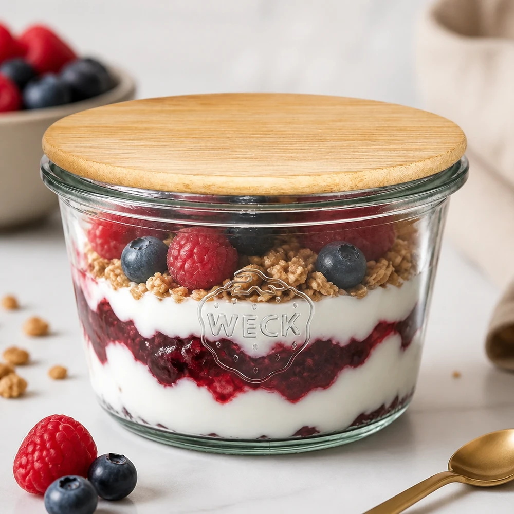 370ml Sturzglas WECK RR100 mit Holzdeckel Copos WECK RR100 de 370 ml com tampa de bambu cheios de sobremesa de muesli de frutos silvestres em camadas - iogurte, granola e framboesas