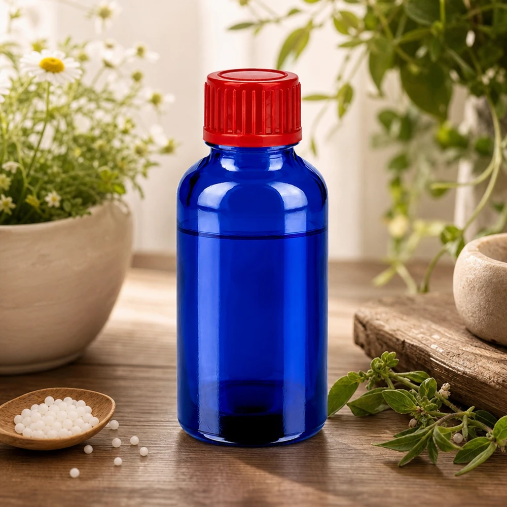 Frasco de vidro SV de 30 ml em azul-cobalto com proteção UV para substâncias sensíveis à luz