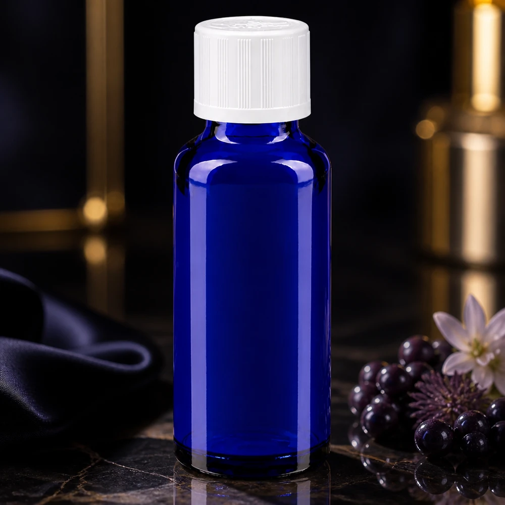 Frasco de farmácia azul 30ml tampa de rosca branca padrão resistente a crianças Frasco de farmácia de 30 ml em azul cobalto com tampa de segurança para crianças branca sobre fundo de mármore