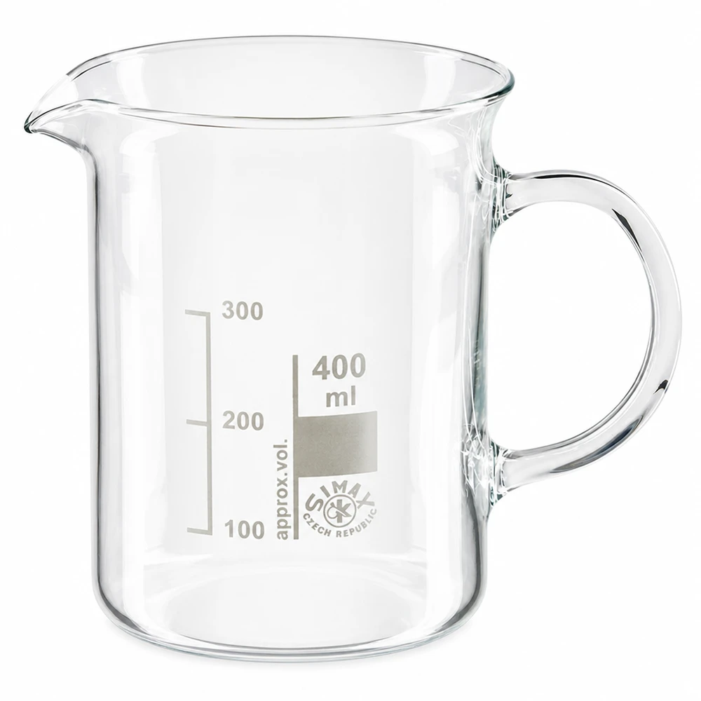 Copo de vidro borossilicato de 400 ml, com pega Copo de laboratório de 400 ml em vidro borossilicato, com alça e escala em mililitros até 300 ml