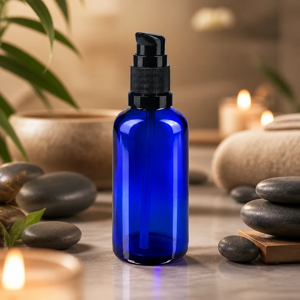 Frasco de farmácia azul 50ml tampa da bomba preto padrão Frasco de vidro de farmácia com bomba, de 50 ml, na cor azul, com cabeça dosadora preta, para produtos cosméticos