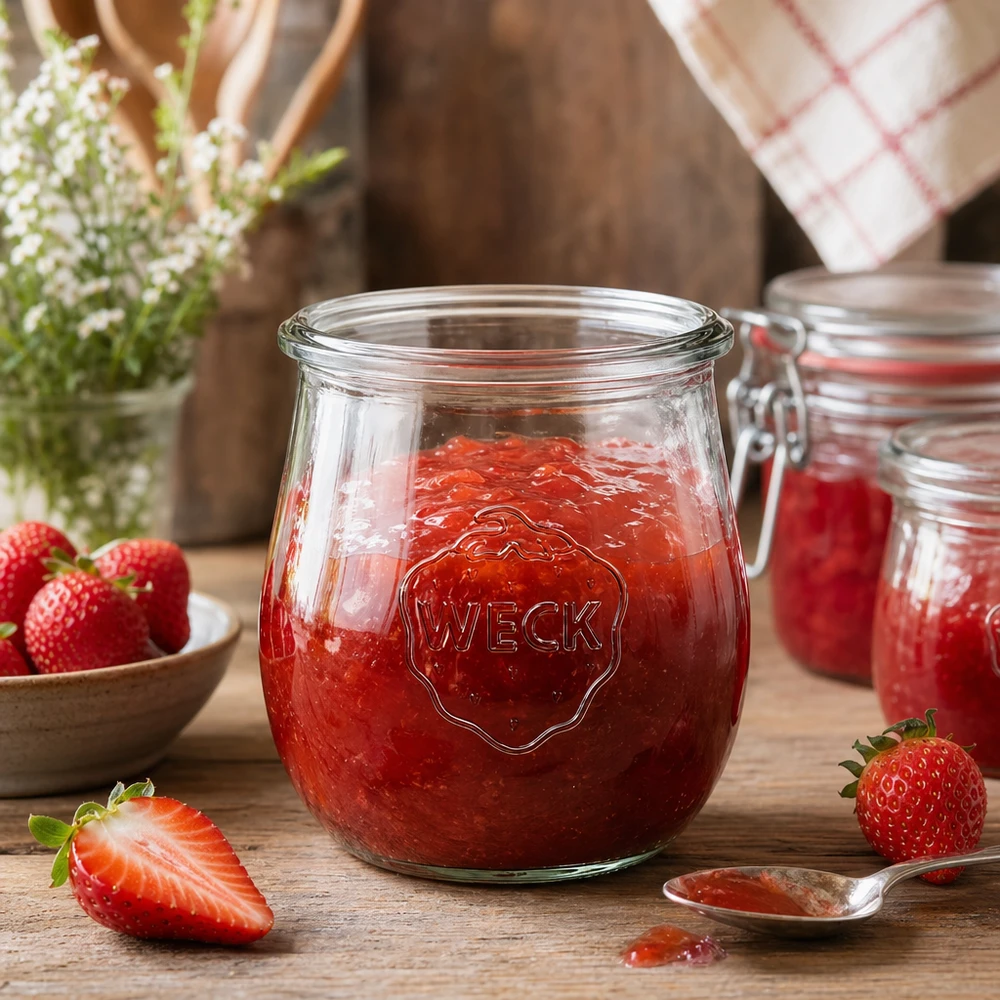Frasco tulipa WECK 220ml RR60 cheio de compota de morango vermelho numa mesa de madeira rústica com morangos frescos
