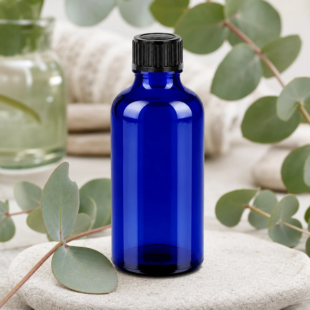 Elegante frasco de vidro azul-cobalto de 50 ml com tampa de rosca preta mate para aplicações profissionais