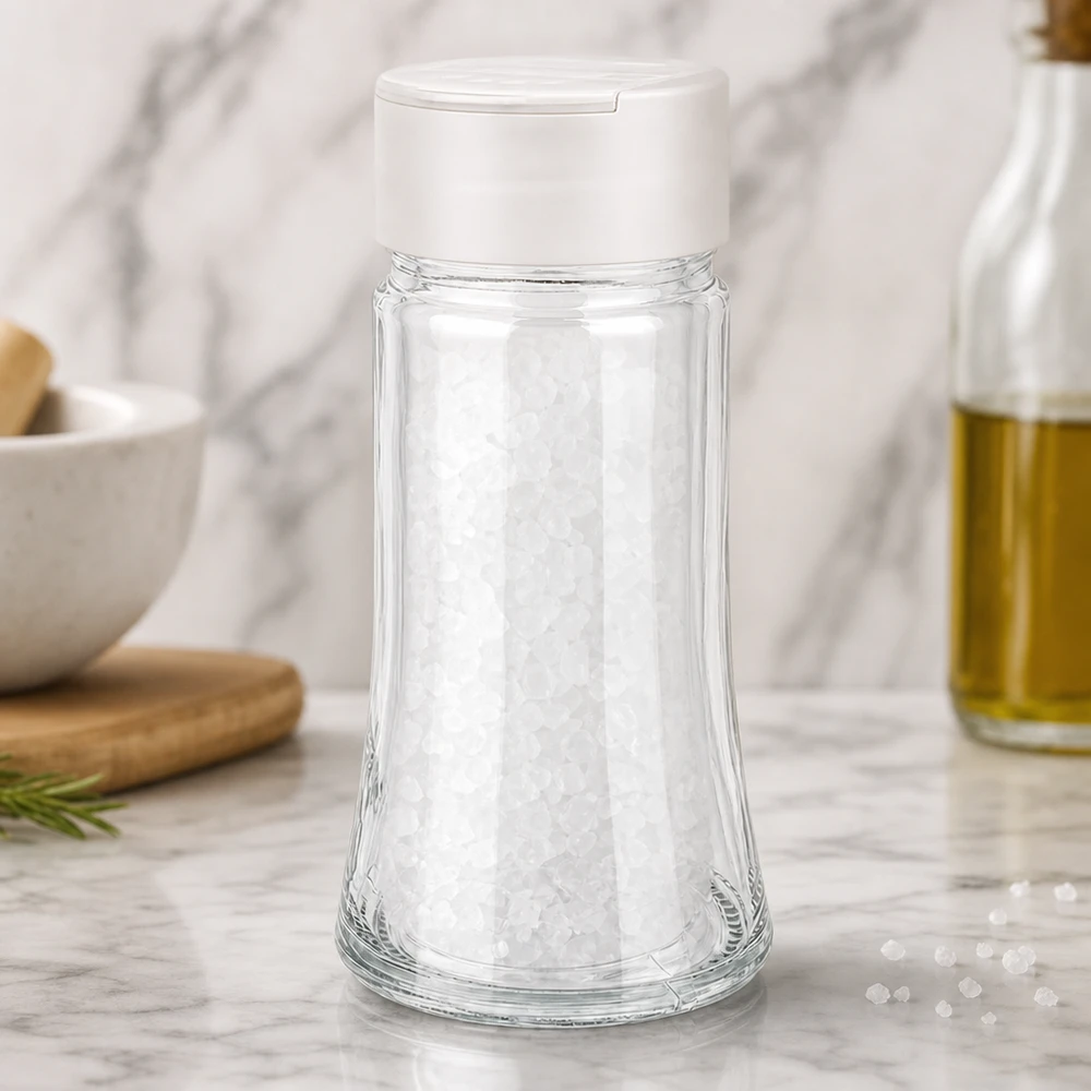 Copo de sal de 95 ml com espalhador duplo branco, cheio de sal marinho grosso, sobre uma base de mármore