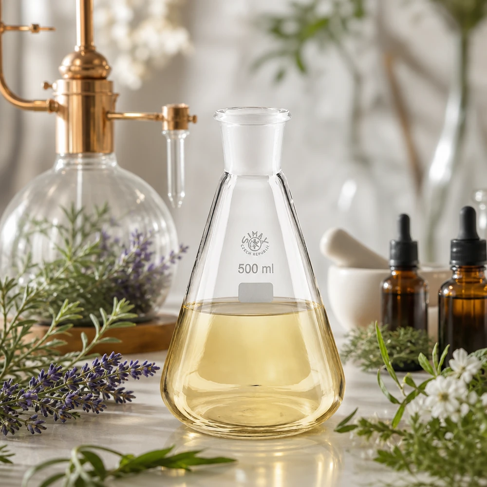 Solução amarela num Erlenmeyer transparente de 500 ml com junta esmerilada normalizada NS 29/32
