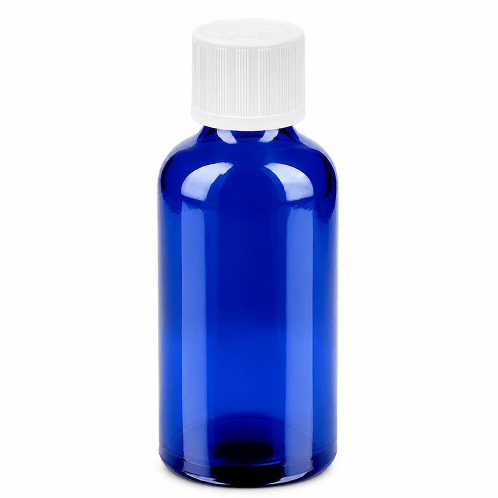 Frasco de vidro azul de 50 ml com tampa de rosca branca para óleos essenciais e cosméticos