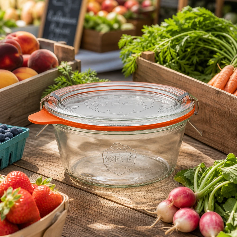 290ml Sturzglas niedrig komplett WECK RR100 Copos WECK 290ml RR100 com anel de borracha laranja entre legumes frescos do mercado Fruta para conservar