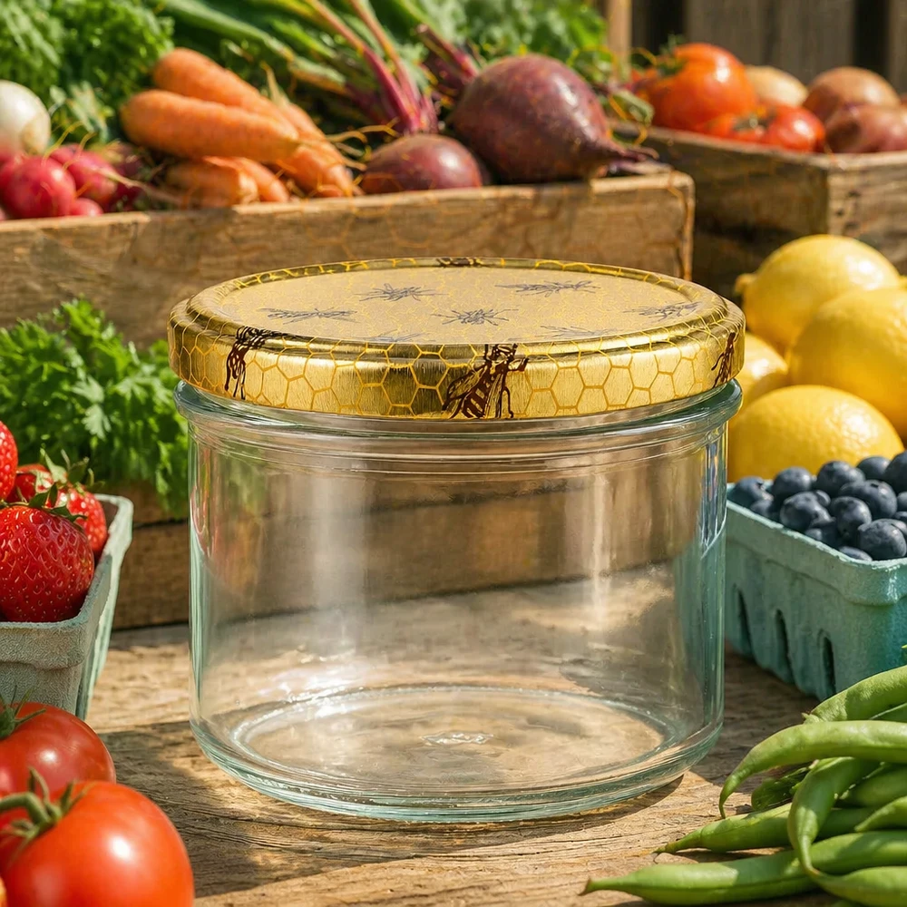Frasco de mel de 250 g com tampa em favo de mel rodeado de legumes frescos, fruta e bagas numa mesa de madeira rústica