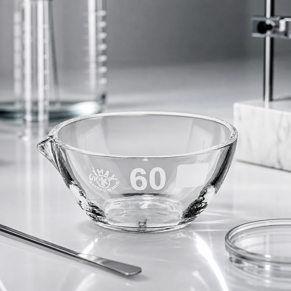 Tabuleiro de vapor de 45ml com bico de borosilicato ø60mm Pequeno prato de evaporação em borossilicato de 45 ml com bico, ideal para microanálises e dosagem precisa