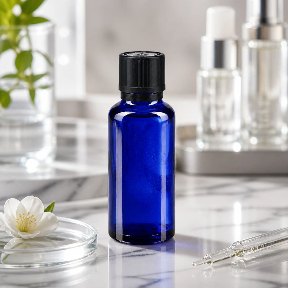 Frasco de vidro azul de 30 ml com tampa KiSi sobre mármore, ao lado de uma pipeta e de uma flor branca