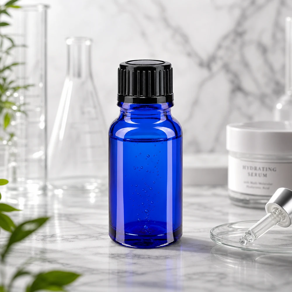 Frasco de farmácia de 10 ml, azul com tampa preta, ao lado de um balão de laboratório e de um sérum hialurónico