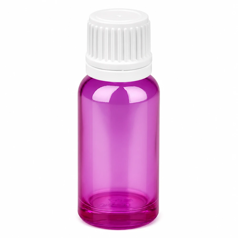 Frasco de vidro de 20 ml em violeta com tampa de rosca branca para óleos essenciais e cosméticos