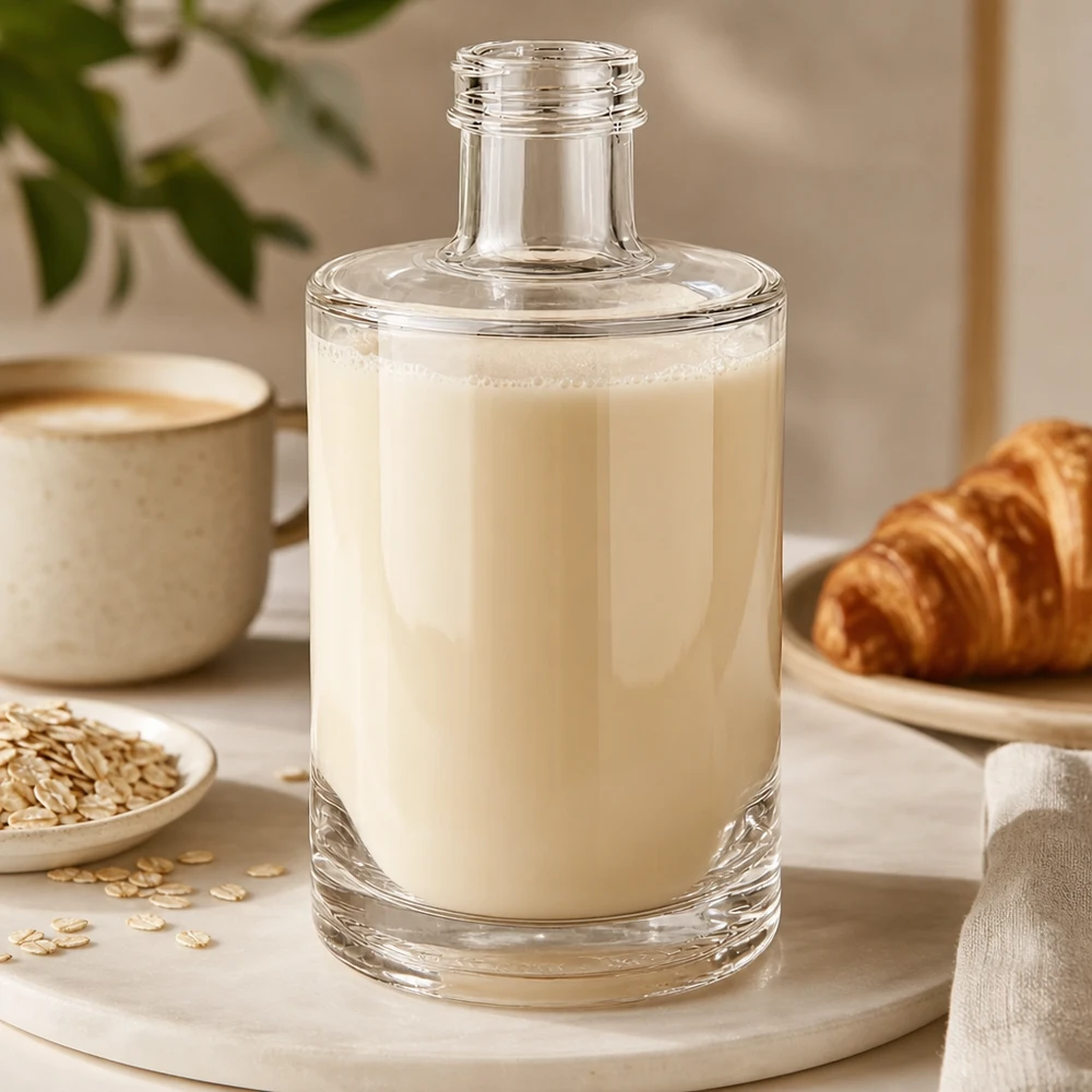 Garrafa de vidro de 375 ml de Sam cheia de leite de aveia cremoso disposta ao lado de um croissant e de uma chávena de café numa tábua de madeira