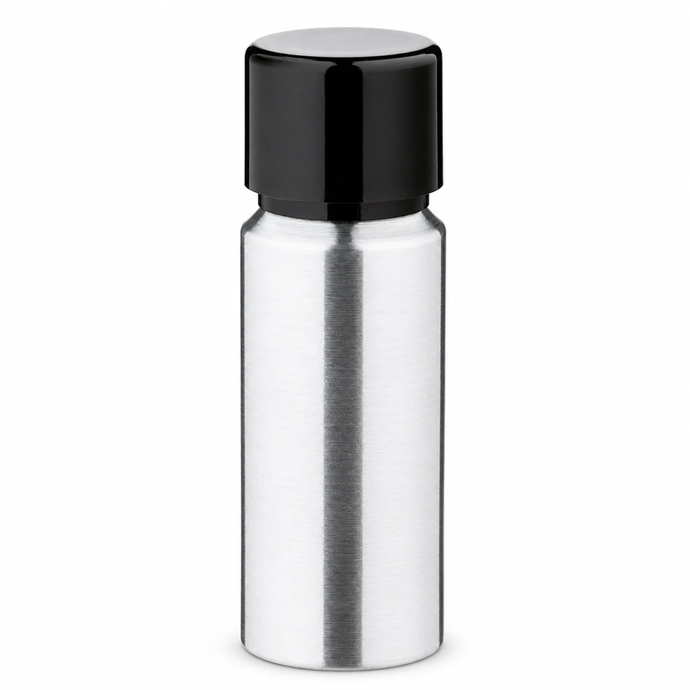 Frasco de alumínio de 20 ml com tampa de rosca em alumínio escovado preto para cosméticos e óleos essenciais
