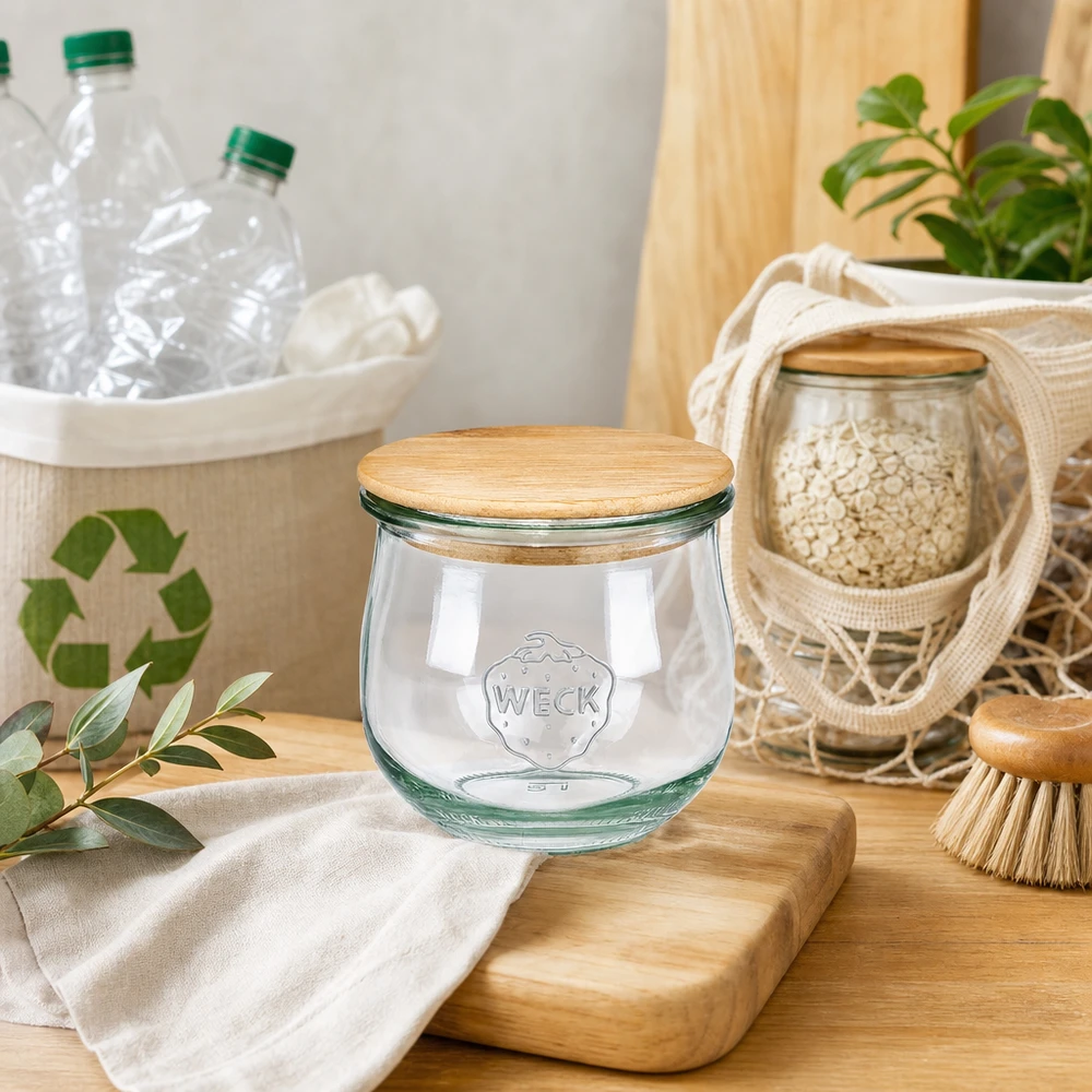 Jarro de tulipas WECK 370ml RR80 com tampa de madeira em cozinha sustentável de desperdício zero com utensílios reciclados e decoração natural