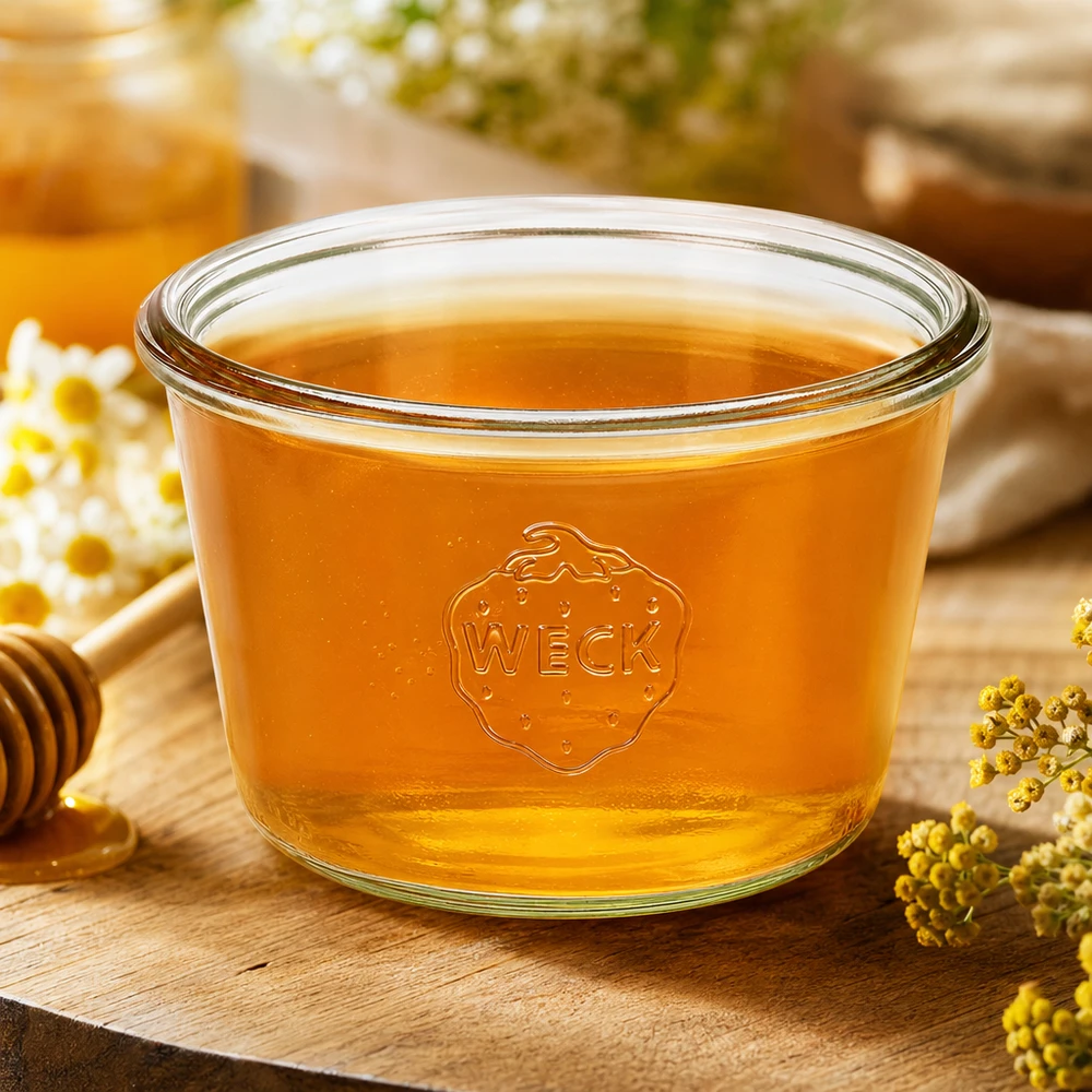 Copos WECK 370ml RR100 cheios de mel numa mesa de madeira com camomila e favo de mel