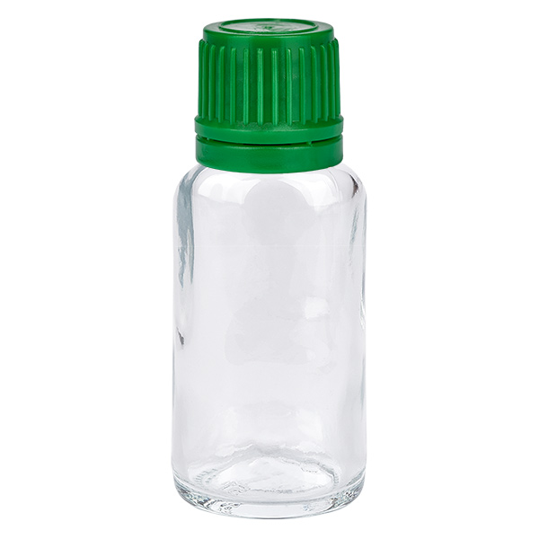 Frasco de 20 ml com tampa de rosca de 11 mm verde tampa inviolável ClearLine UT18/20 Frasco de 20 ml com tampa de rosca de 11 mm verde tampa inviolável ClearLine UT18/20