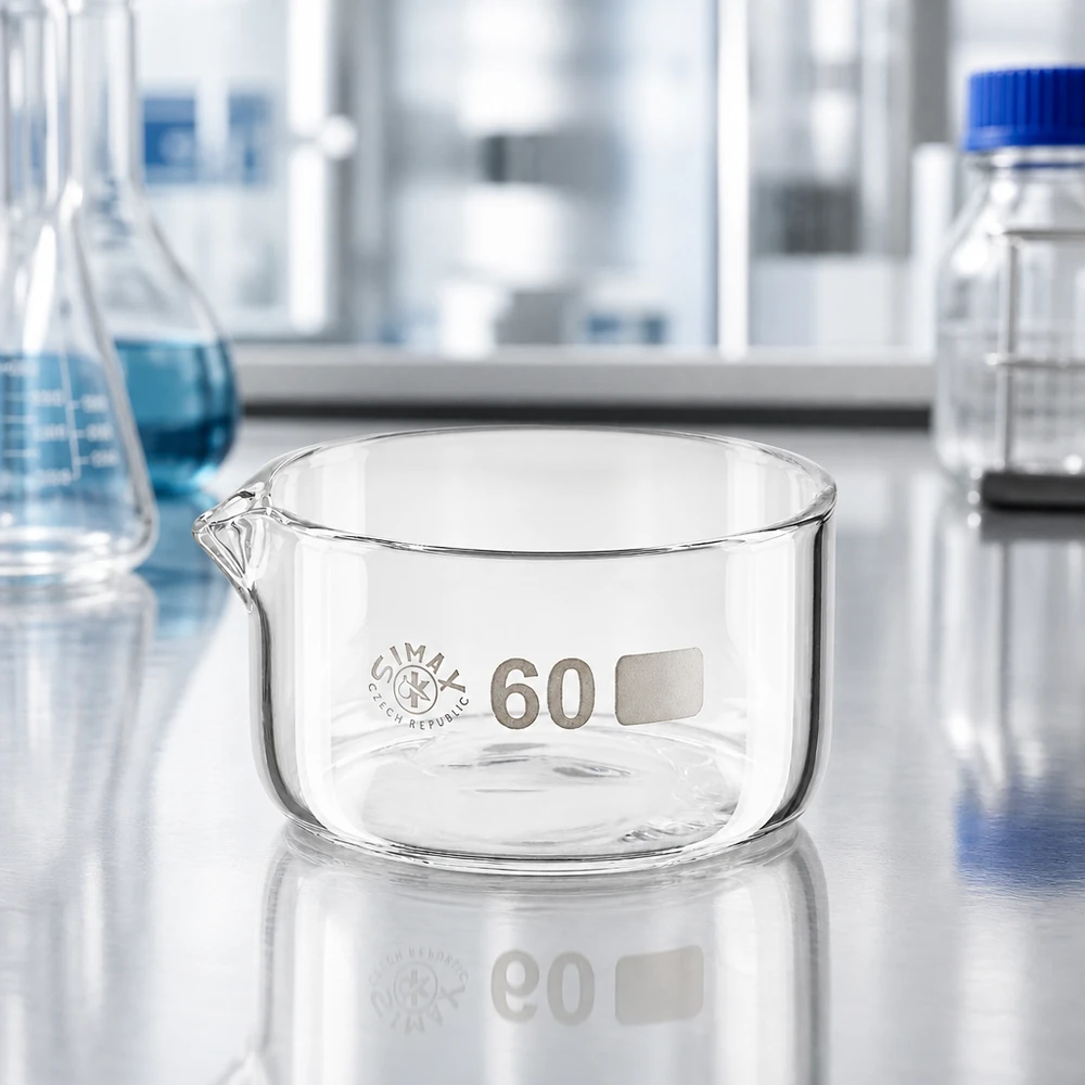 Taça de vidro de 60 ml, taça de cristalização, fundo plano, bico de vertimento, material de laboratório, taça de evaporação Simax