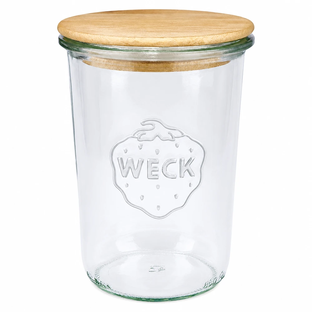 Frasco giratório WECK 850ml RR100 com tampa de madeira Frasco de conserva transparente com logótipo WECK