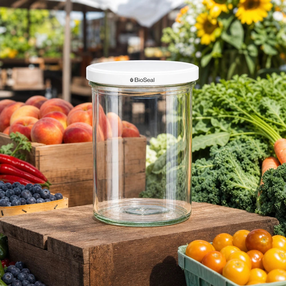 Os copos UNiTWIST de 435 ml vazios numa mesa de madeira entre frutas e legumes frescos mostram a versatilidade da sua utilização no jardim