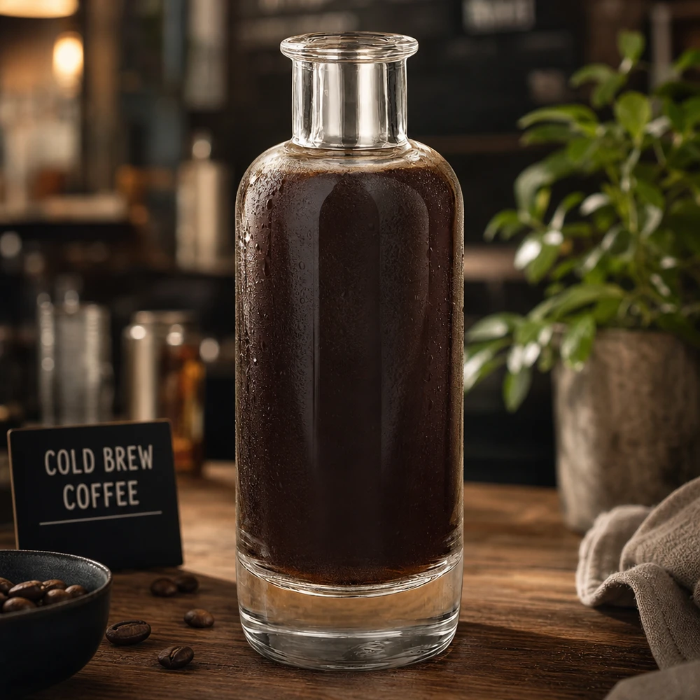 Garrafa de vidro de 200 ml Ella cheia de café frio num ambiente de café mostra a utilização para bebidas de café